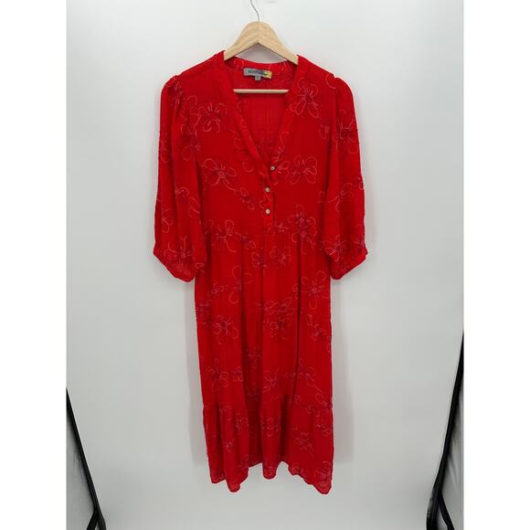 Figueroa & Flower Dresses & Skirts - Red Floral Embroidered Midi Dress Tiered V Neck Boho Cottagecore Sz L